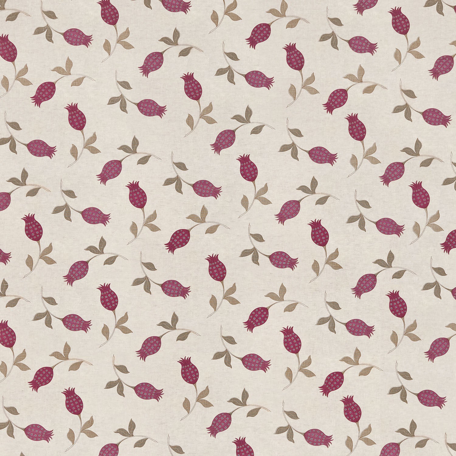 Fabric with a small-scale tulip print in shades of magenta and tan on a cream field.