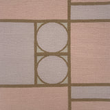 Handknotted rug with a bold geometric design in pink, purple and brown. 