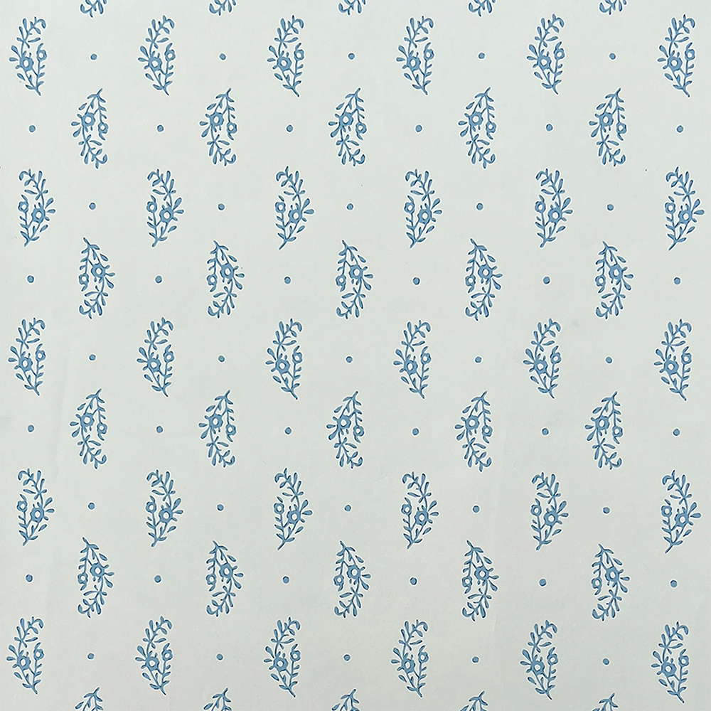 Detail of wallpaper in a floral paisley print in blue on a light blue field.