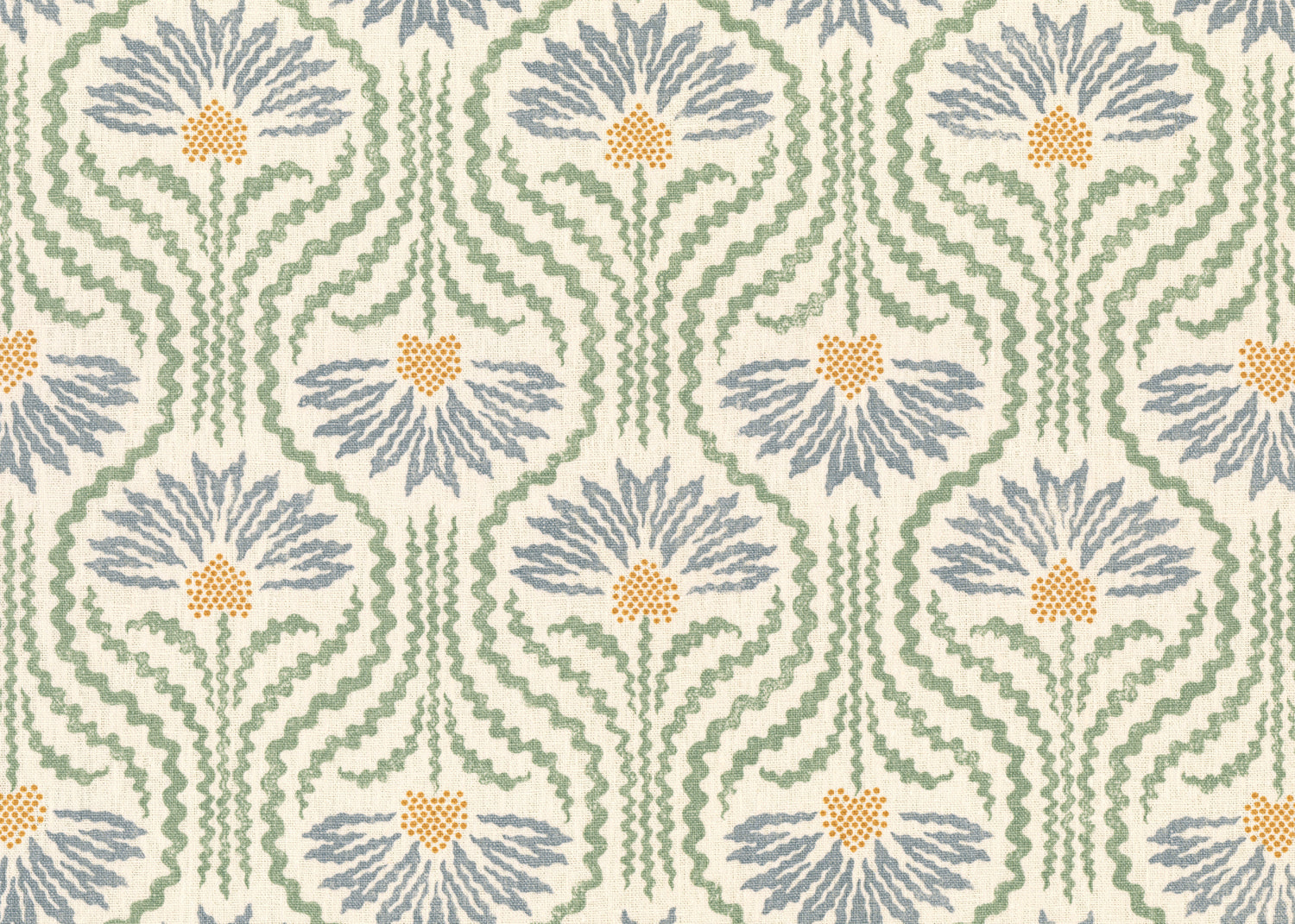 Printed linen in a playful dense blue and yellow with radiating green lines on a cream field. 