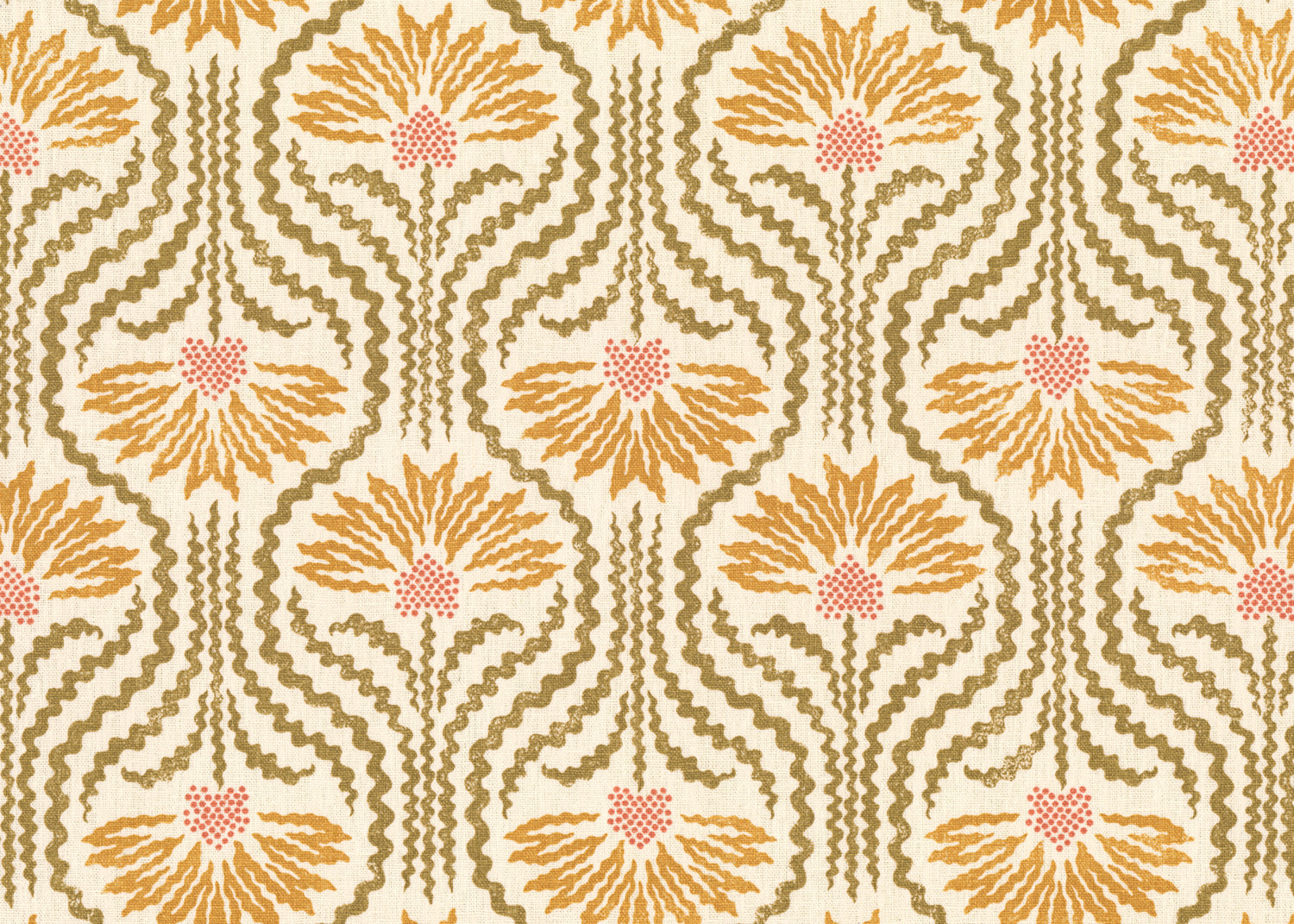 Printed linen in a playful dense yellow and pink floral with radiating tan lines on a cream field. 