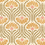 Printed linen in a playful dense yellow and pink floral with radiating tan lines on a cream field. 