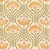 Printed linen in a playful dense yellow and pink floral with radiating tan lines on a cream field. 