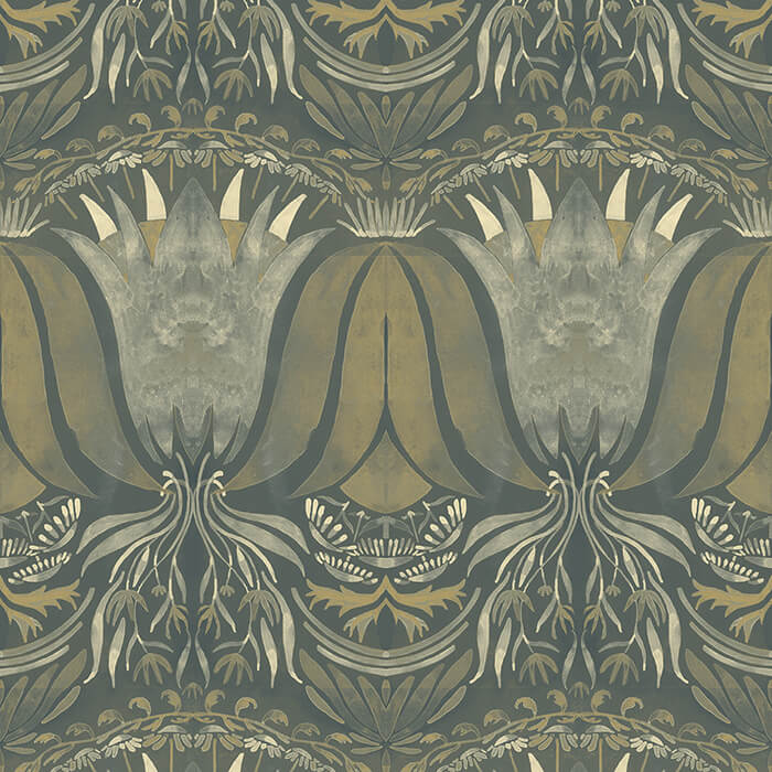 Detail of wallpaper in a floral damask print in shades of cream and gold on a navy field.