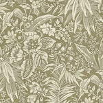 Wallpaper in beige floral and leaf pattern on a green background