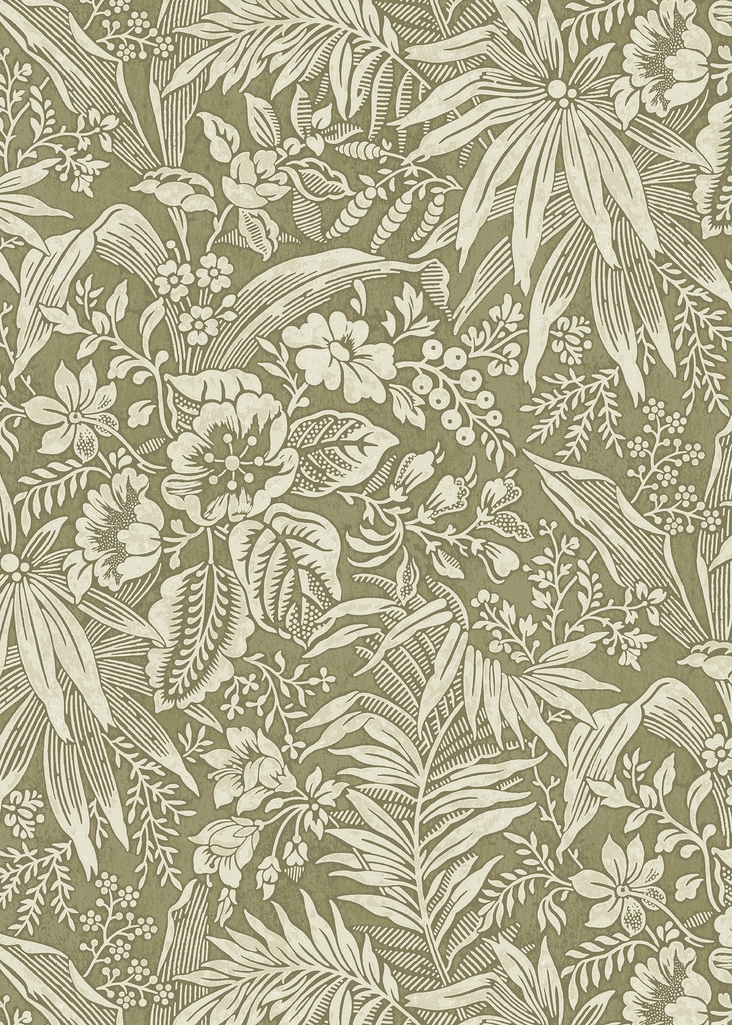 Wallpaper in beige floral and leaf pattern on a green background