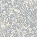 Wallpaper in beige floral and leaf pattern on a blue-grey background