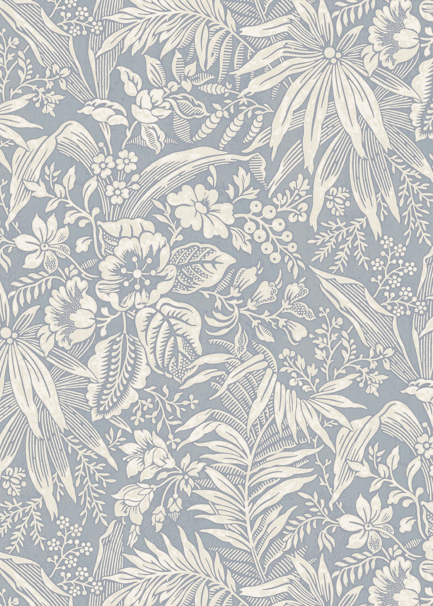Wallpaper in beige floral and leaf pattern on a blue-grey background