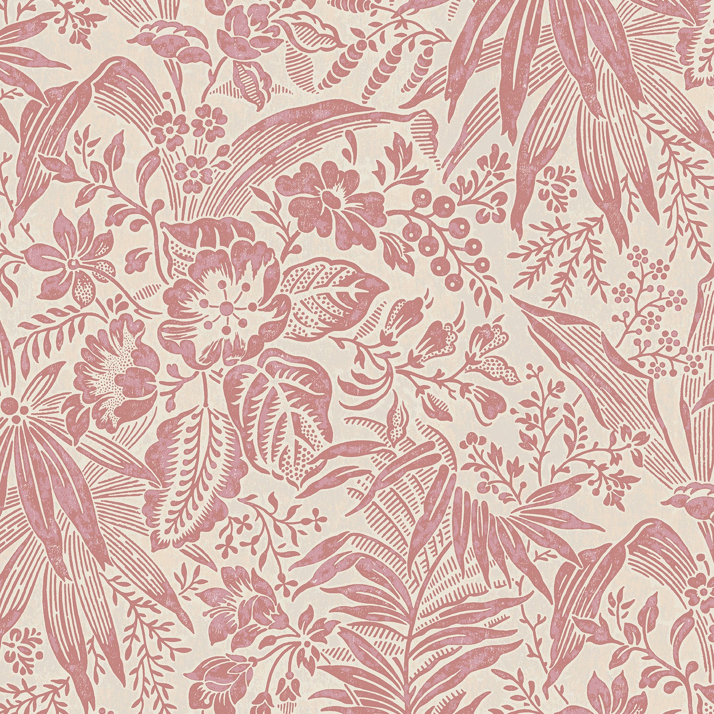 Wallpaper in pink floral and leaf pattern on a cream background