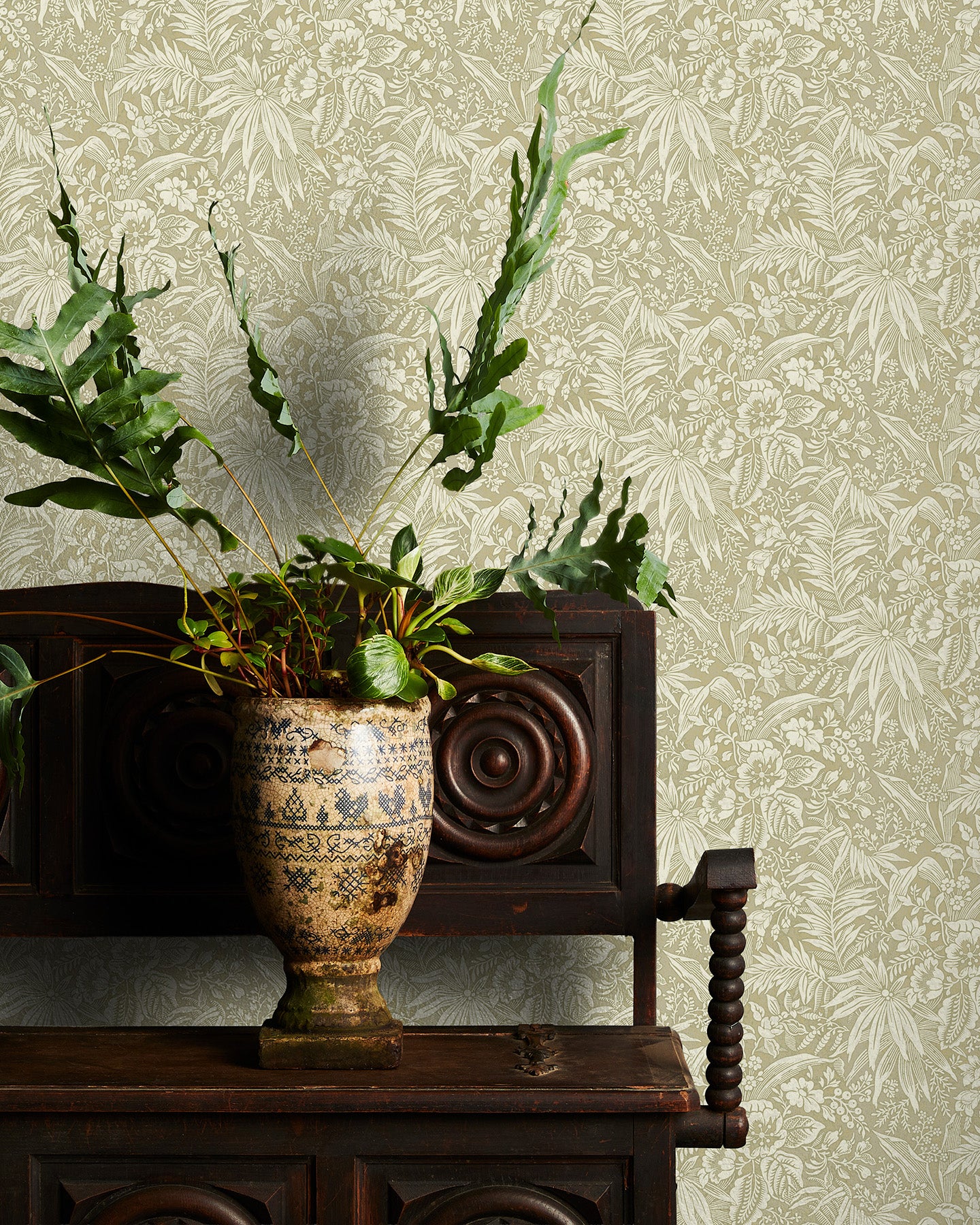 Potted plant on a wooden cabinet with decorative taupe floral wallpaper in the background
