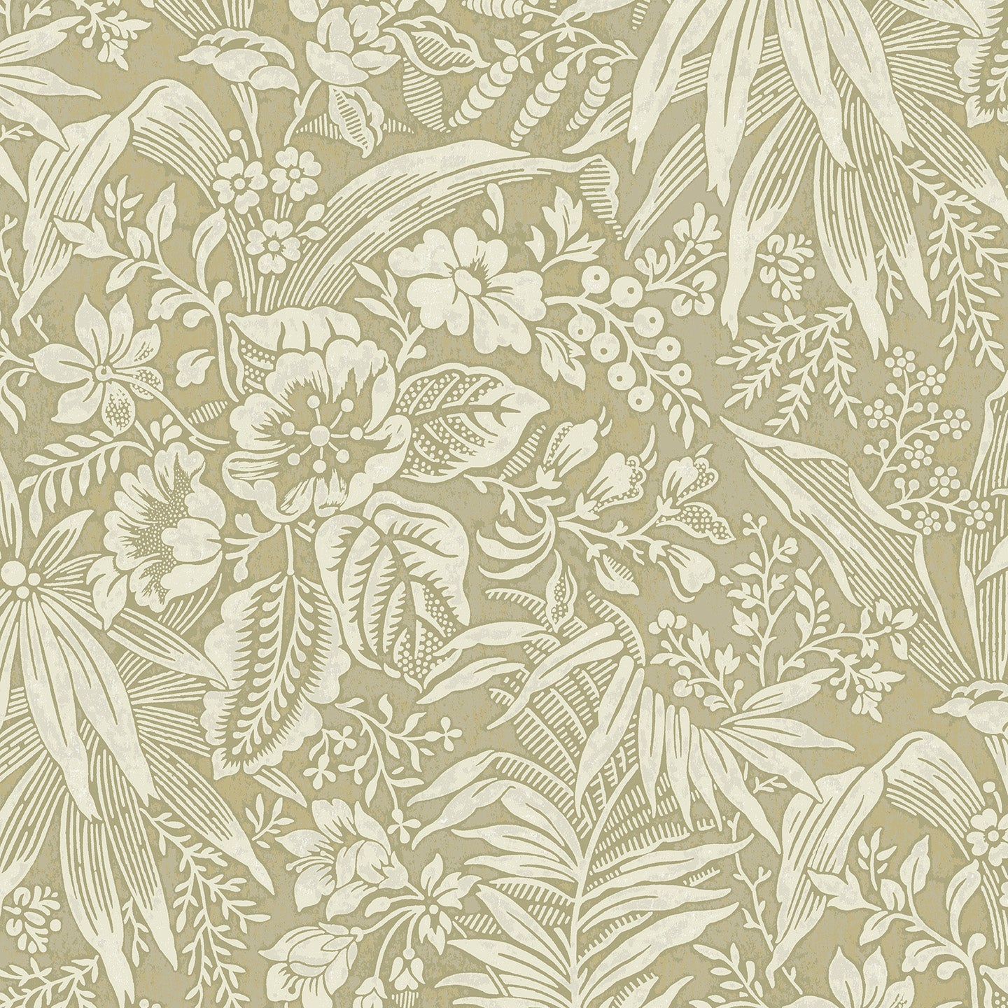 Wallpaper in beige floral and leaf pattern on a taupe background
