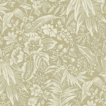 Wallpaper in beige floral and leaf pattern on a taupe background