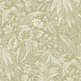 Wallpaper in beige floral and leaf pattern on a taupe background