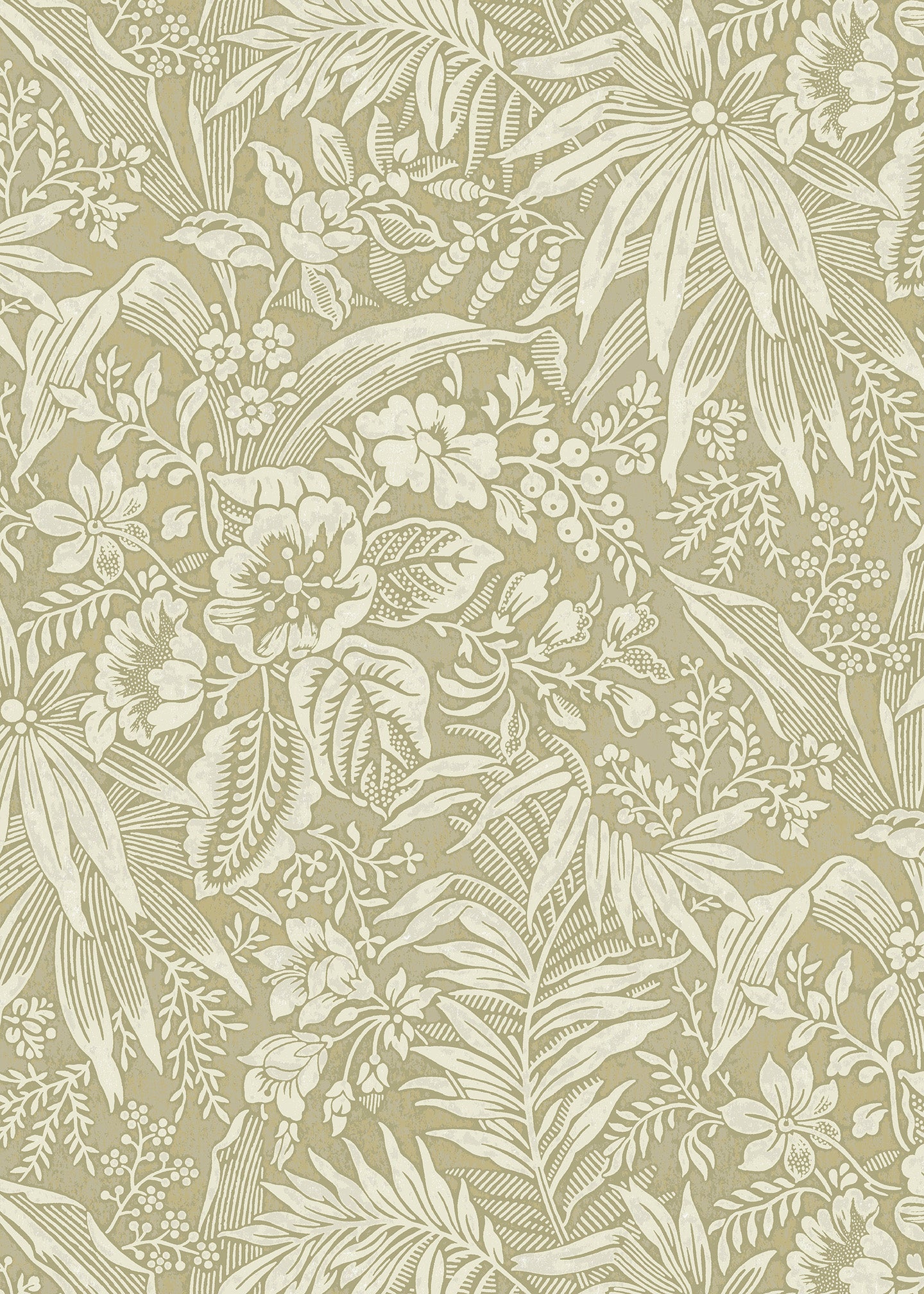 Wallpaper in beige floral and leaf pattern on a taupe background