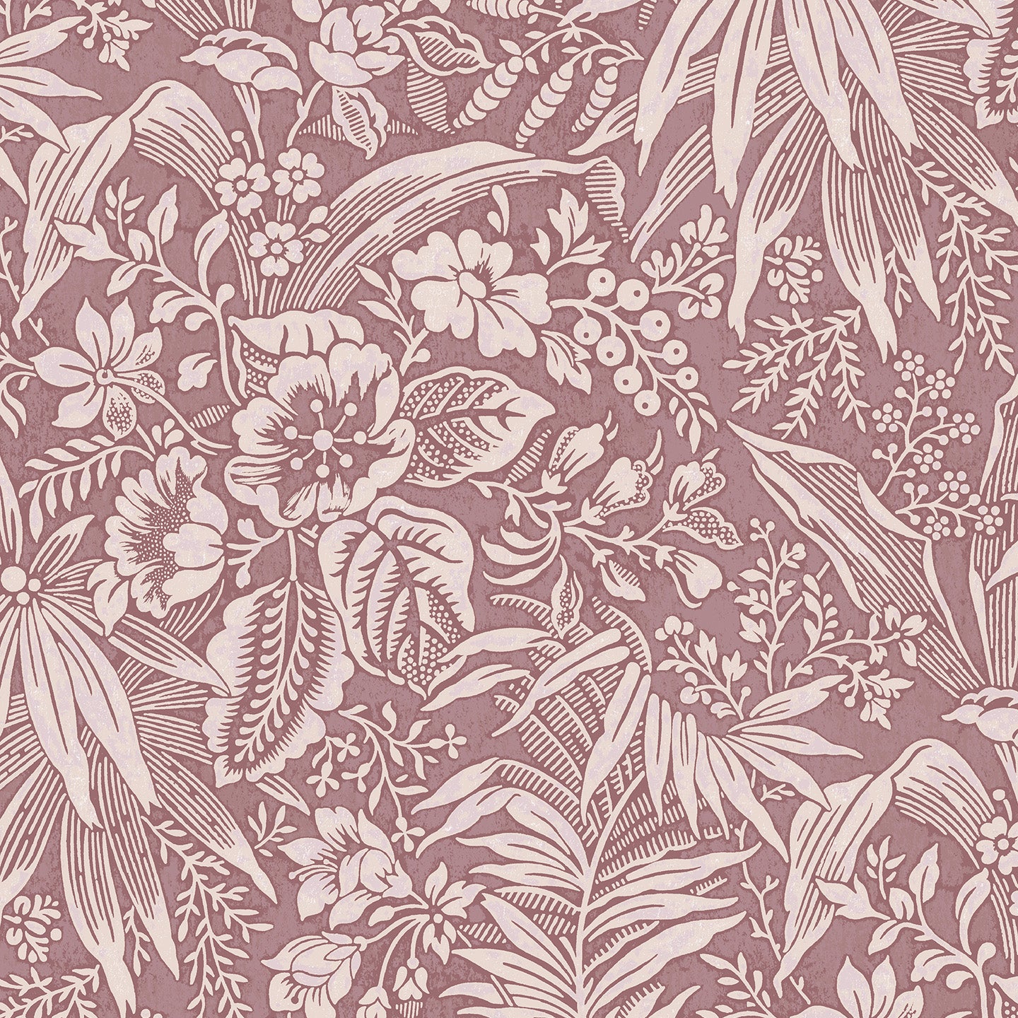 Wallpaper in beige floral and leaf pattern on a mauve background