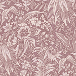 Wallpaper in beige floral and leaf pattern on a mauve background