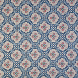Detail of fabric in a playful floral grid print in blue, pink and navy on a white field.
