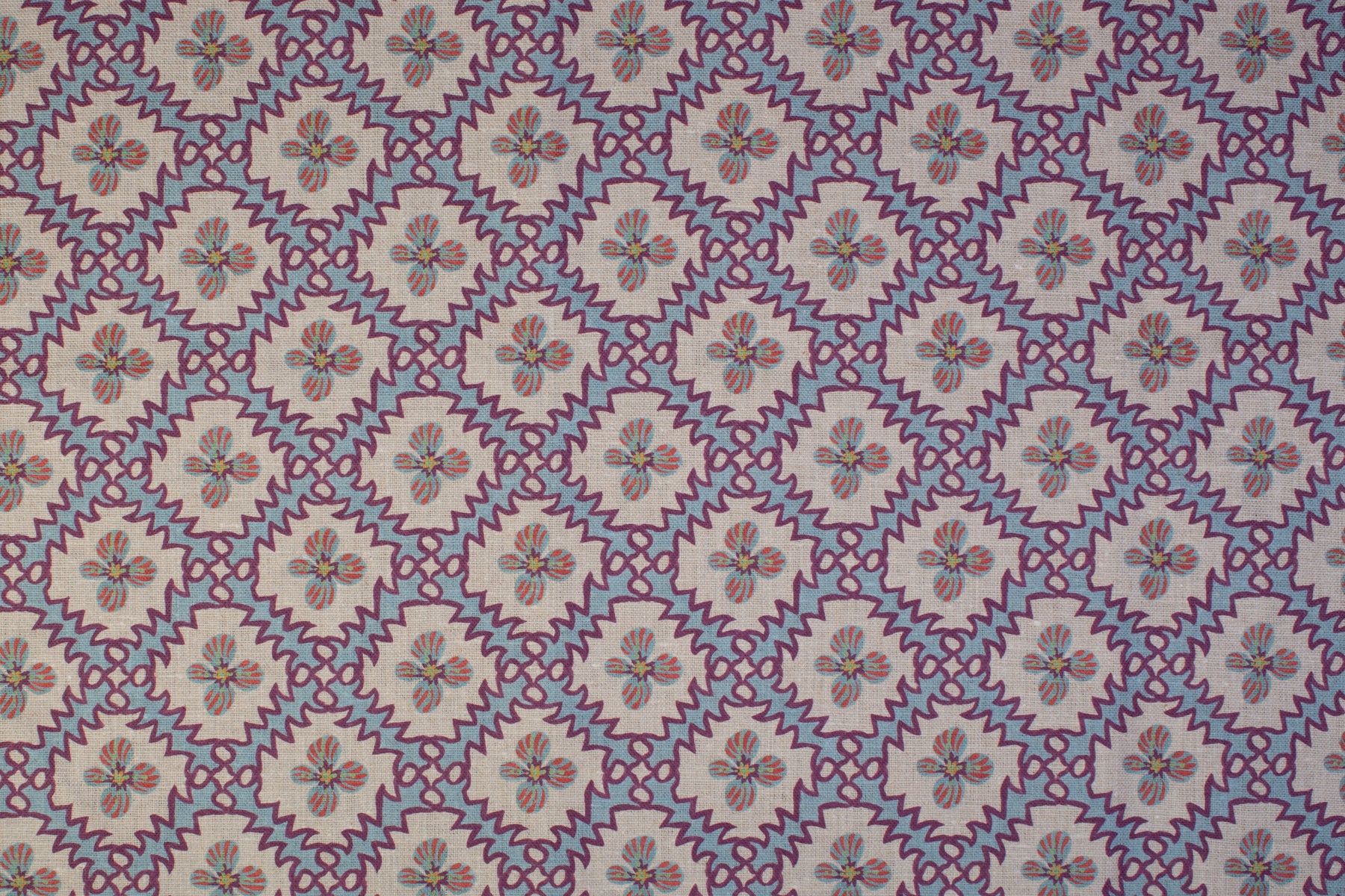 Detail of fabric in a playful floral grid print in blue, pink and purple on a white field.