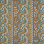 Handwoven silk fabric with scrolling stripe design in orange, green, yellow, grey and white. 