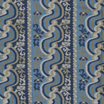Handwoven silk fabric with scrolling stripe design in shades of blue, tan and white. 