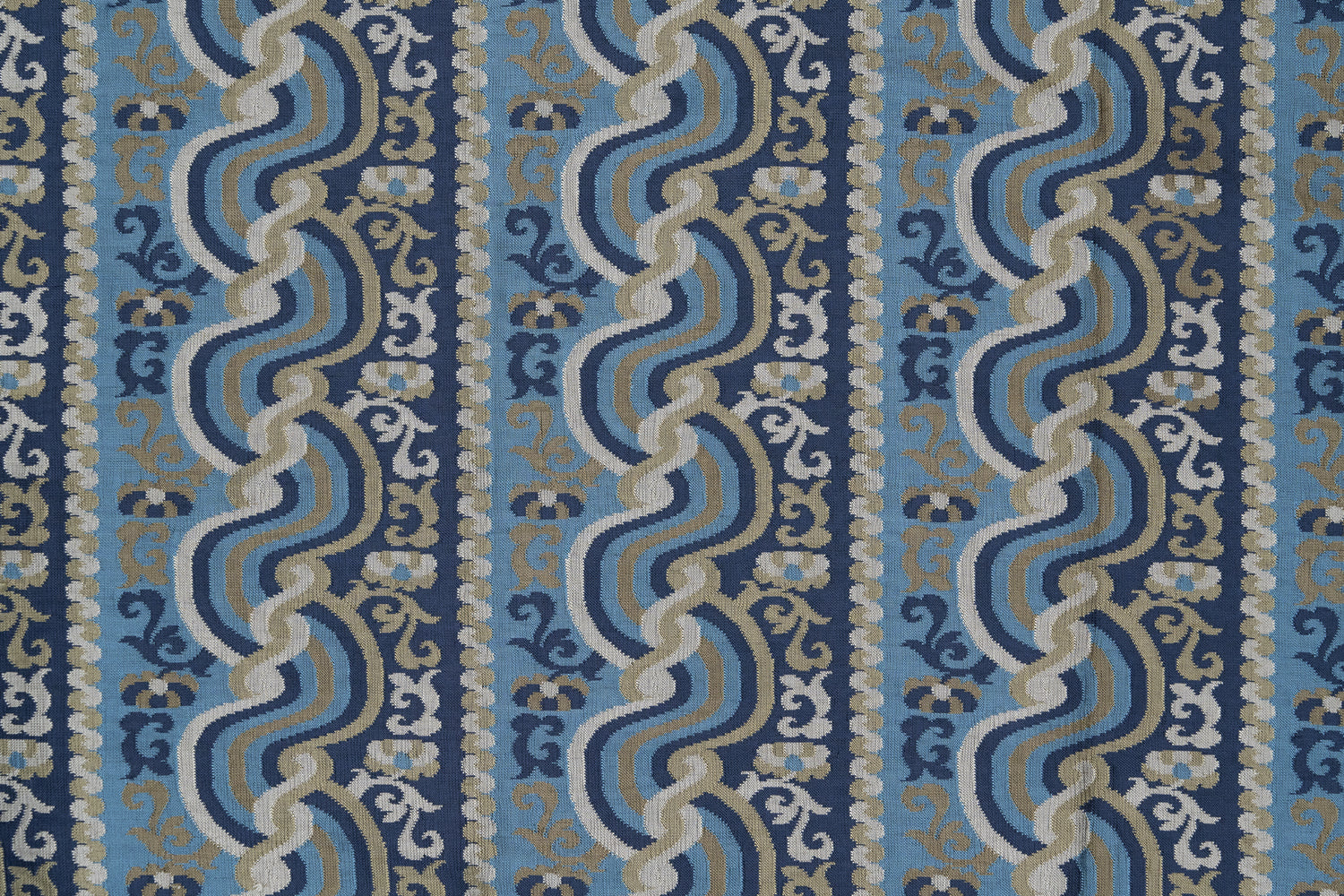 Handwoven silk fabric with scrolling stripe design in shades of blue, tan and white. 
