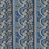 Handwoven silk fabric with scrolling stripe design in shades of blue, tan and white. 