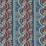 Handwoven silk fabric with scrolling stripe design in shades of blue, red, pink, tan and white. 