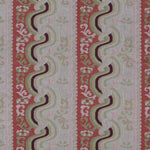 Handwoven silk fabric with scrolling stripe design in pink, red, tan, purple and cream. 