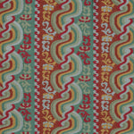 Handwoven silk fabric with scrolling stripe design in red, green, yellow and white. 