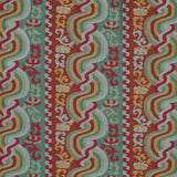 Handwoven silk fabric with scrolling stripe design in red, green, yellow and white. 