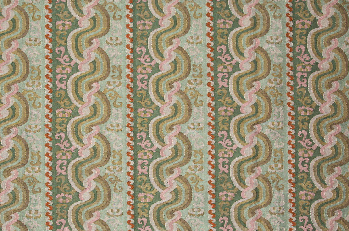 Patterned fabric with wavy lines and pastel colors on a light green background