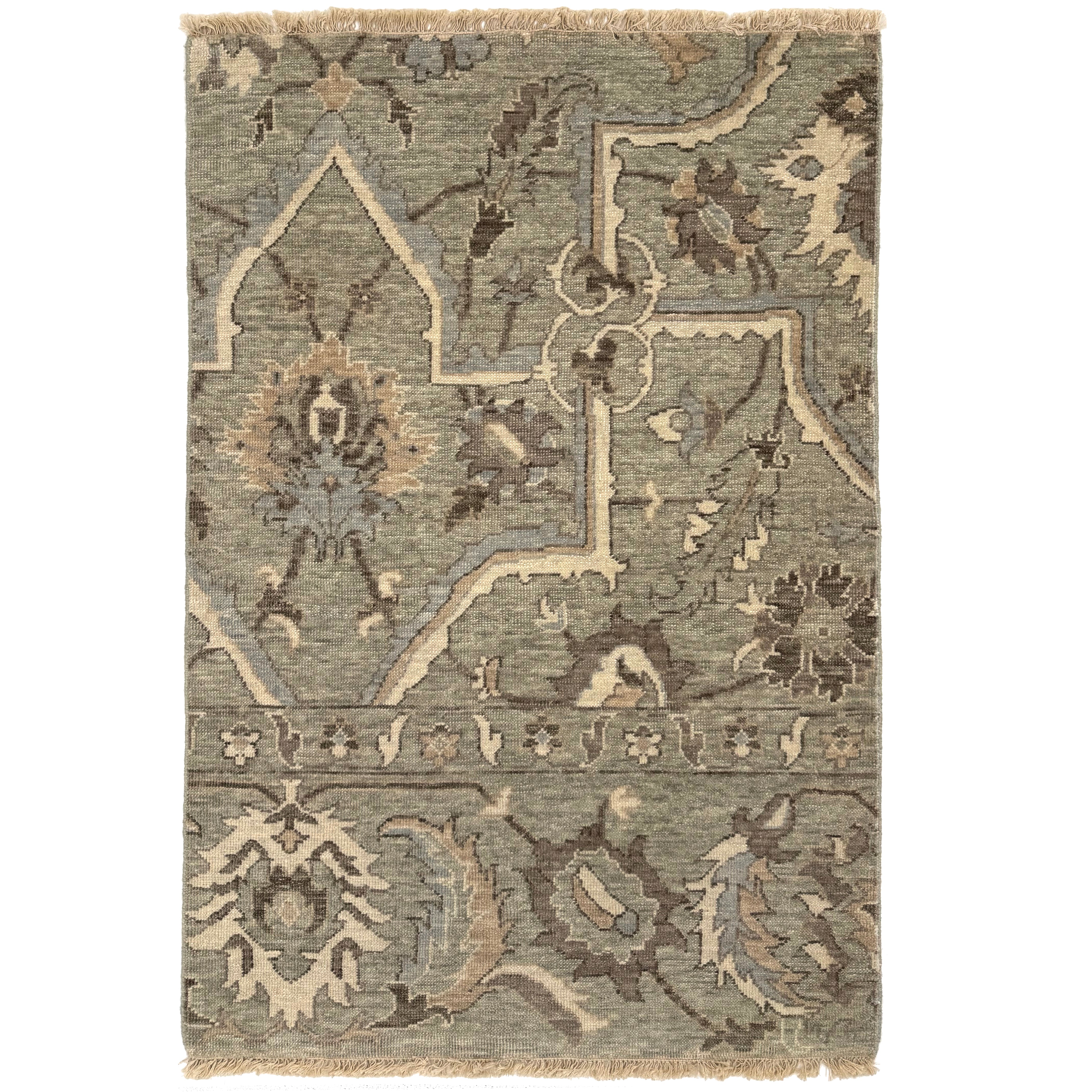 Handknotted rug in ornate damask pattern in blue, grey and cream.