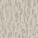 Detail of printed wallpaper with a  black pointillist wheat frond pattern on an ecru background.