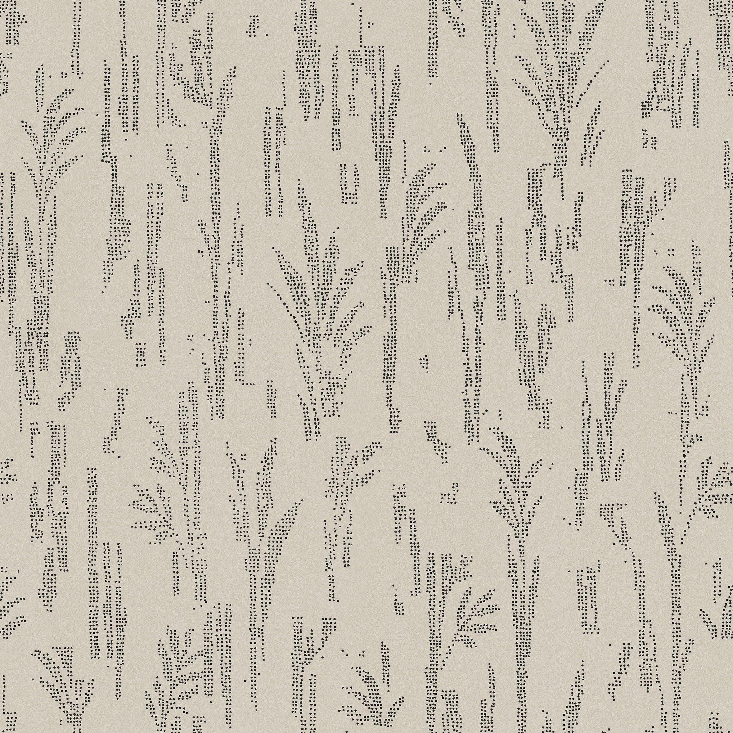 Detail of printed wallpaper with a  black pointillist wheat frond pattern on an ecru background.