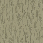 Detail of printed wallpaper with a  black pointillist wheat frond pattern on a soft sage green background.
