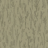 Detail of printed wallpaper with a  black pointillist wheat frond pattern on a soft sage green background.
