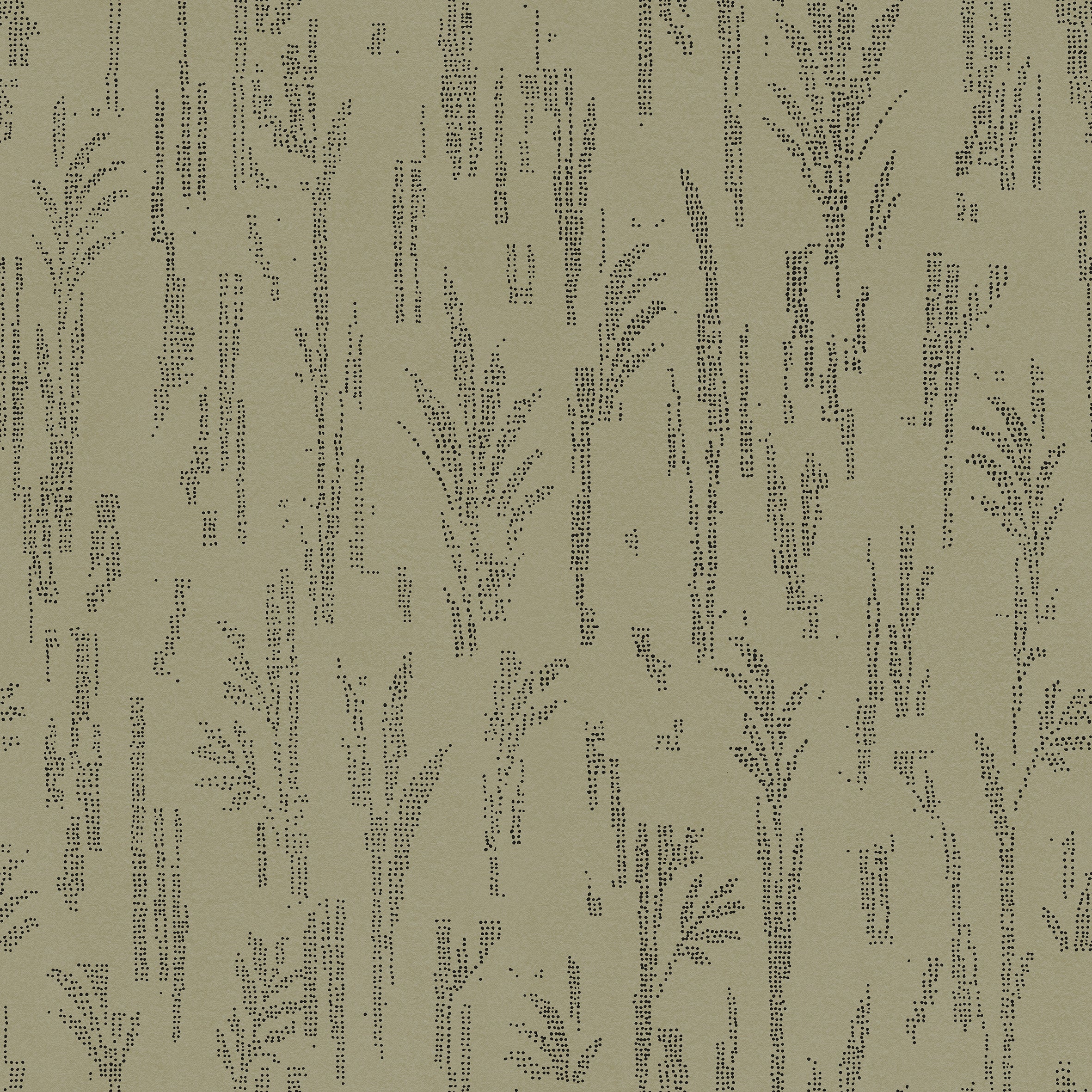 Detail of printed wallpaper with a  black pointillist wheat frond pattern on a soft sage green background.