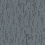 Detail of printed wallpaper with a  black pointillist wheat frond pattern on a soft cool blue background.