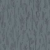 Detail of printed wallpaper with a  black pointillist wheat frond pattern on a soft cool blue background.