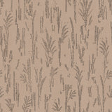 Detail of printed wallpaper with a  black pointillist wheat frond pattern on a soft clay pink background.