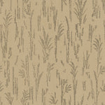 Detail of printed wallpaper with a  black pointillist wheat frond pattern on a tan background. 