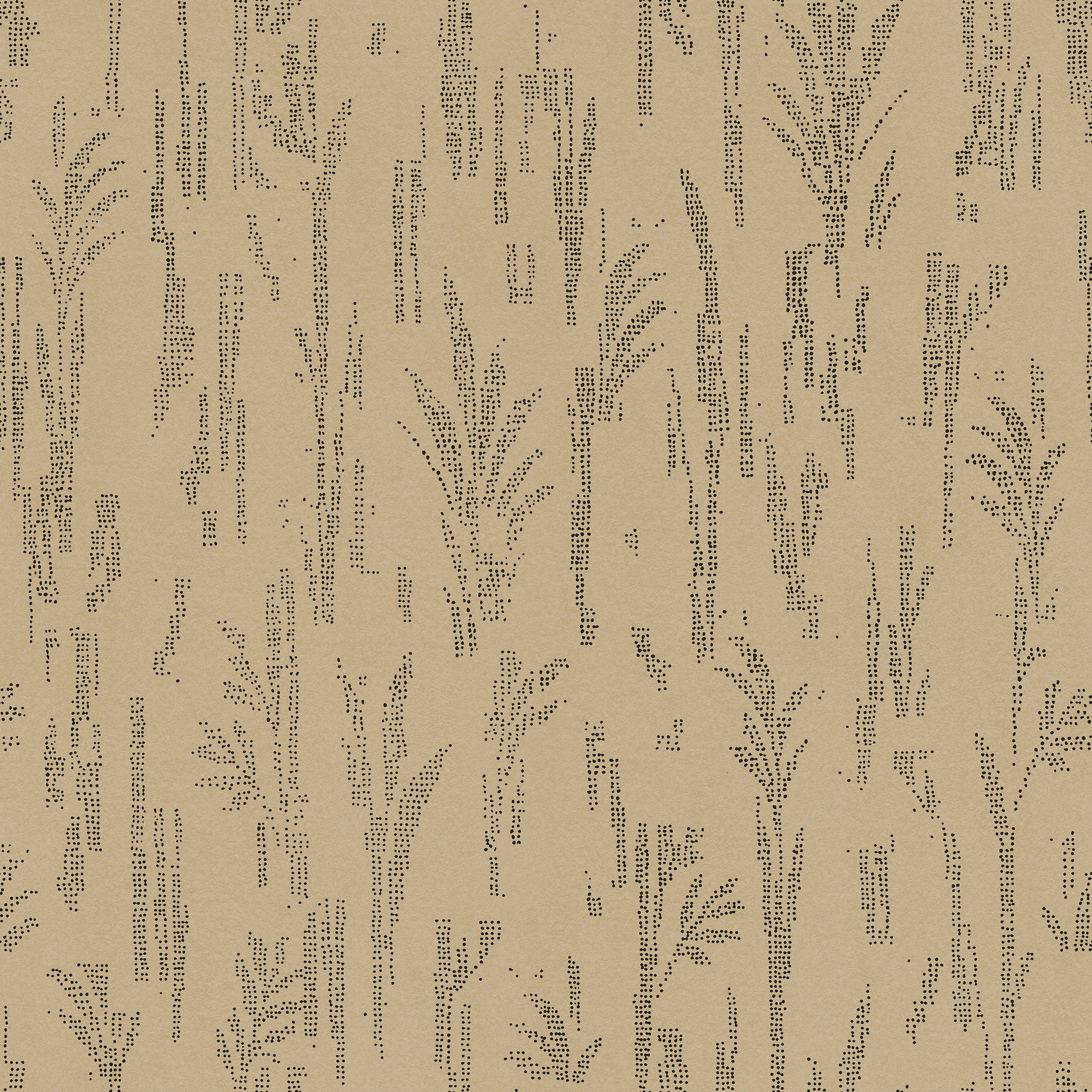 Detail of printed wallpaper with a  black pointillist wheat frond pattern on a tan background. 