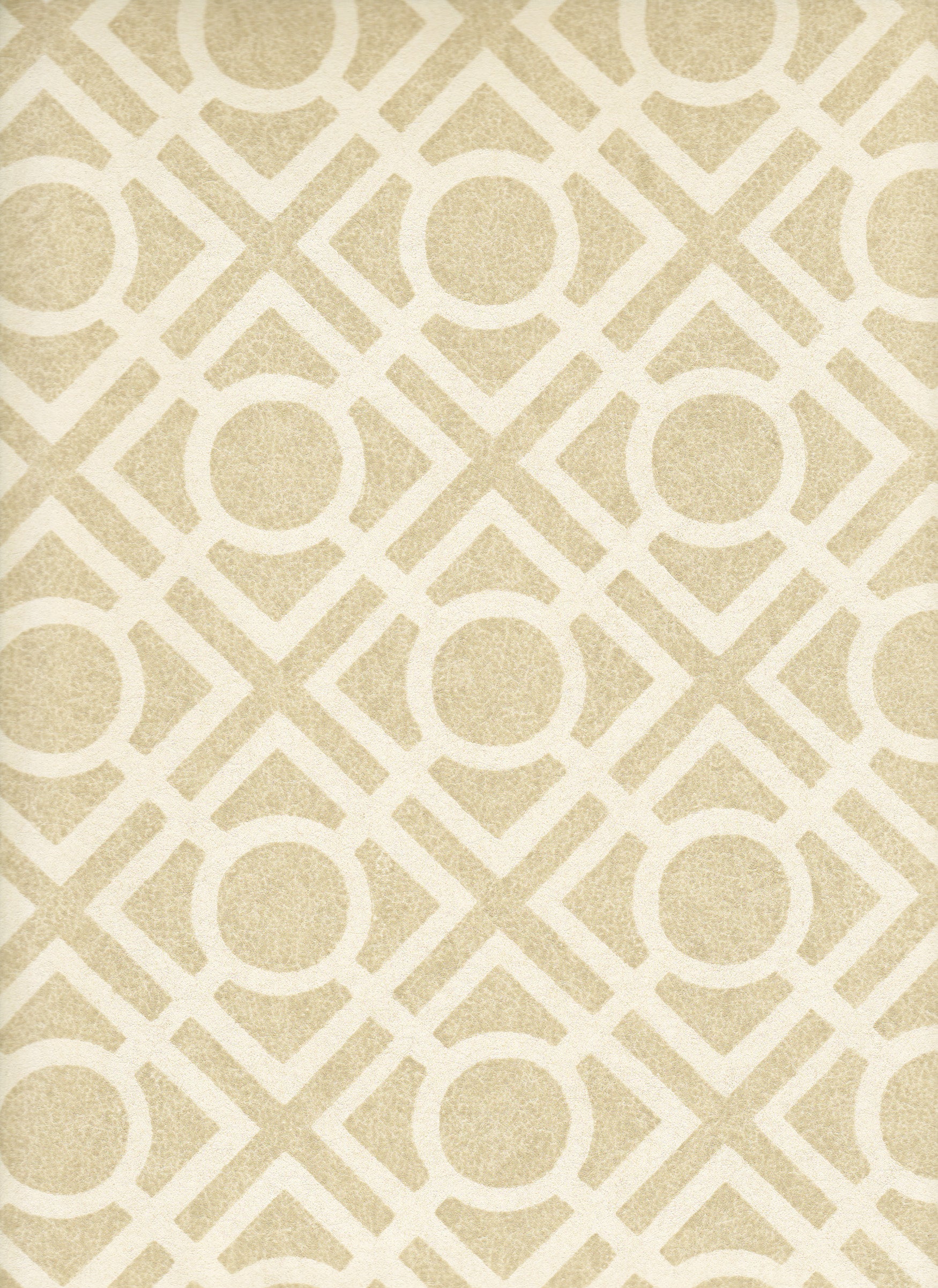 Detail of wallpaper in a geometric lattice print in tan on a cream field.