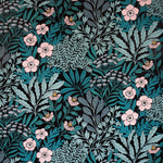 Detail of wallpaper in a dense floral print in turquoise, pink and yellow on a black field.