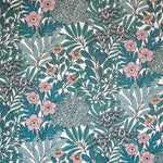 Detail of wallpaper in a dense floral print in turquoise, pink and yellow on a white field.