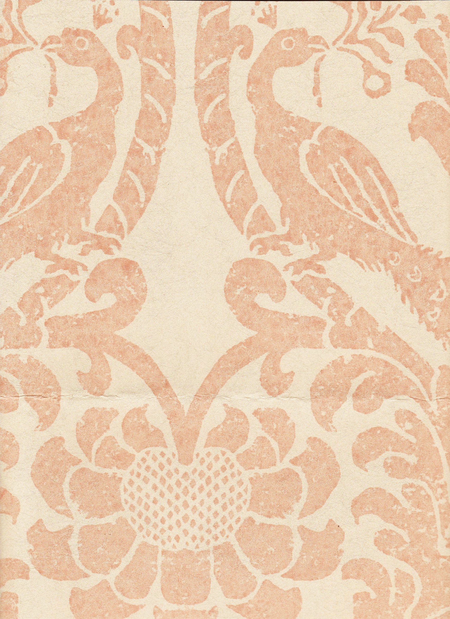 Detail of wallpaper in a botanical and bird print in pink on a cream field.