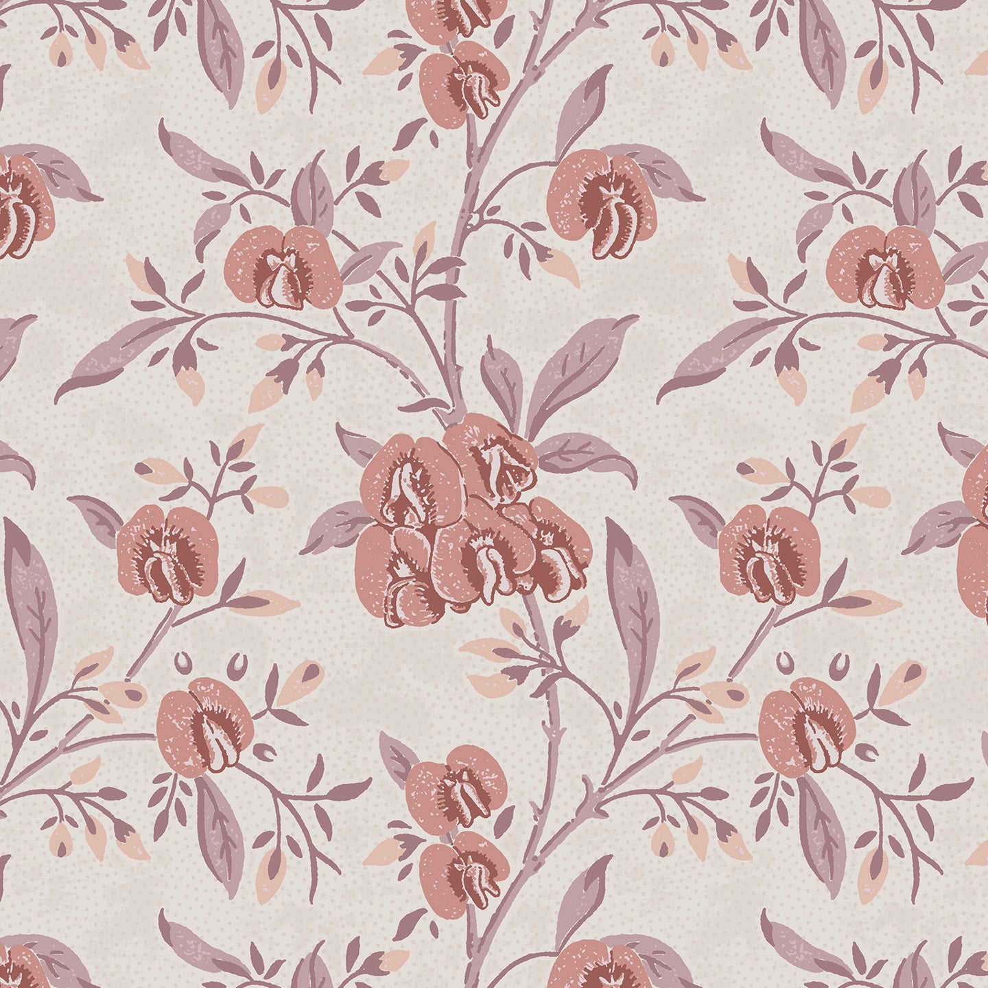 Wallpaper in a floral pattern with pink and purple flowers on a light background