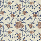 Wallpaper in a Floral pattern with brown flowers and blue leaves on a beige background