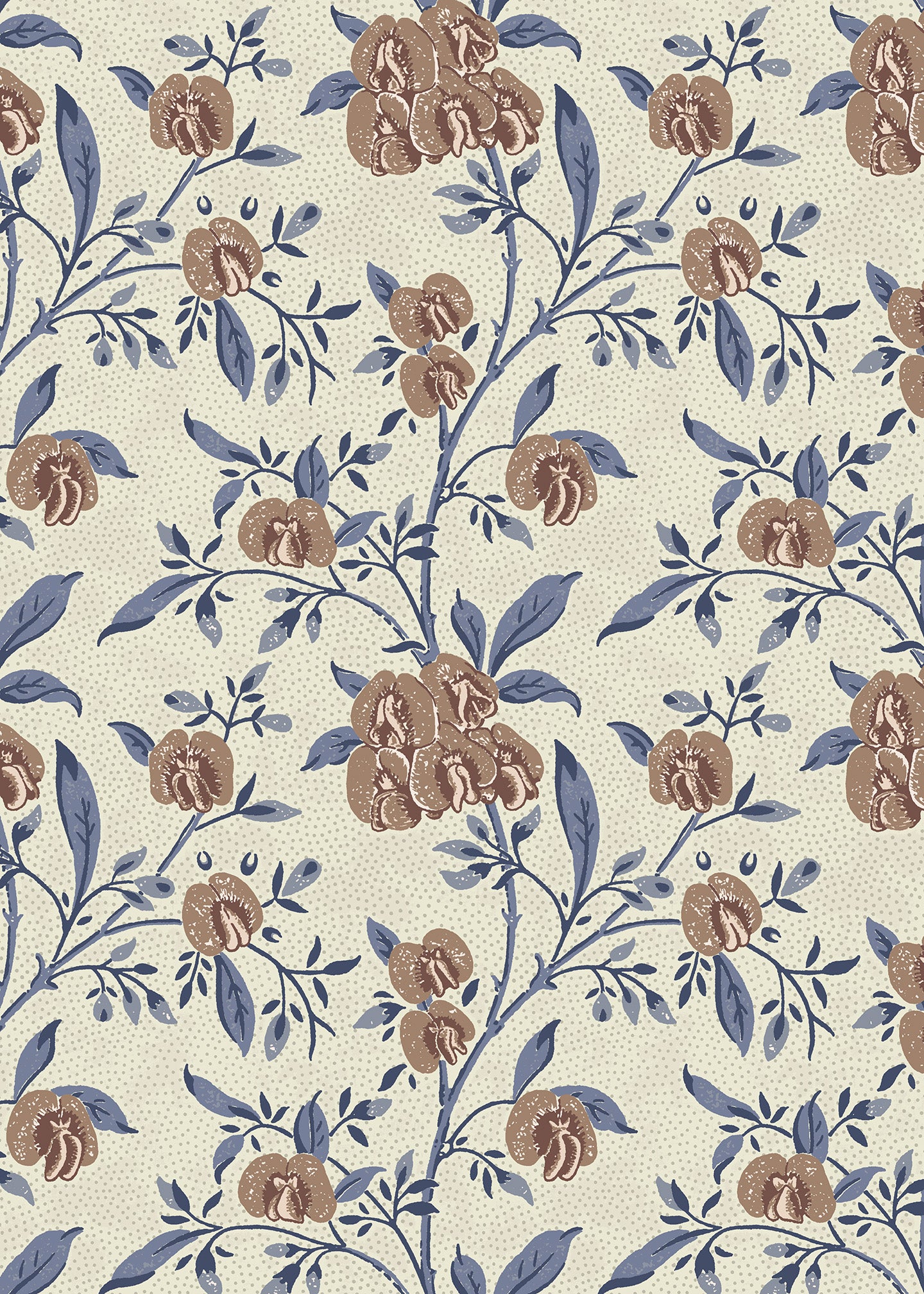 Wallpaper in a Floral pattern with brown flowers and blue leaves on a beige background