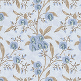 Wallpaper in a floral pattern with blue flowers and brown leaves on a light blue background